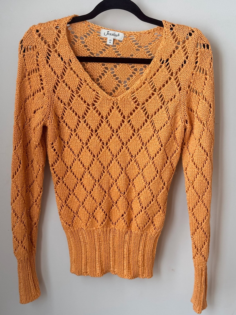 🍂 Jessica Honey-Orange Crochet Openwork V-Neck Sweater 🍂